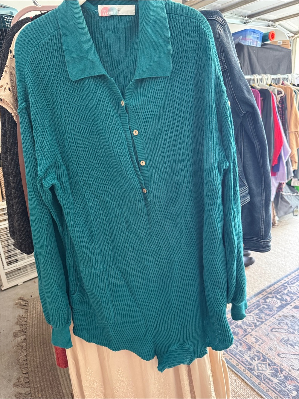 Free People Teal Ribbed Long-Sleeve Romper- L